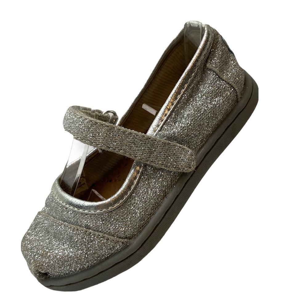 Tiny Toms Silver Glitter Mary Jane Slip On Shoes Girls 6 Adjustable Sparkly